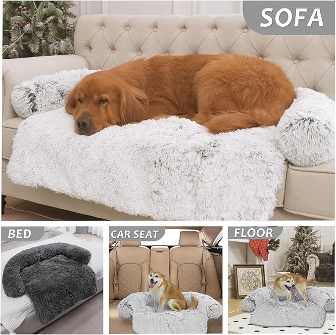Calming Dogs/Cats Bed Mats, Dog Pad Washable Removable Couch Cover, Plush Long Fur Mat for Pets, Waterproof Lining, Perfect for Small, Medium and Large Dogs and Cats (Light Gray, 31"x23")
