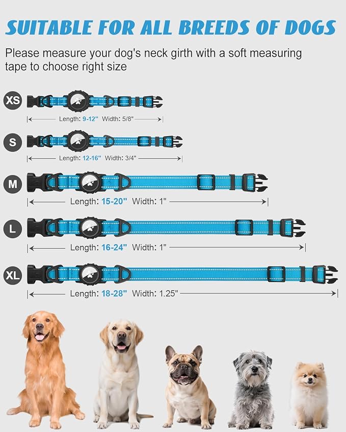 Joytale Airtag Dog Collar, Reflective Pet Collar with Waterproof AirTag Holder, Dual D-Rings, Soft Padded Adjustable for Extra Large Dogs, SkyBlue, XL