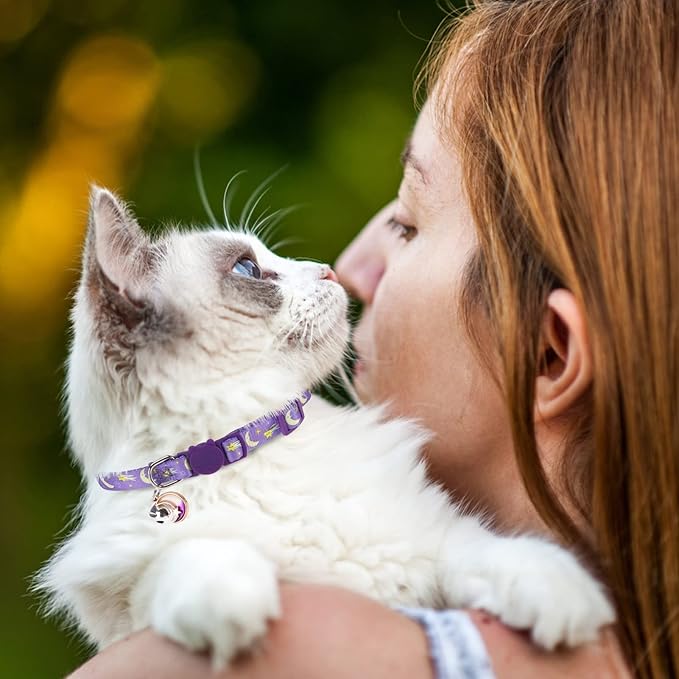 Breakaway Cat Collars with Bell & Cute Pendants, 3 Pack Safety Buckle Kitten Collars, Adjustable Pet Collar Ideal for Girl Boy Cats Puppy (Moon&Star)