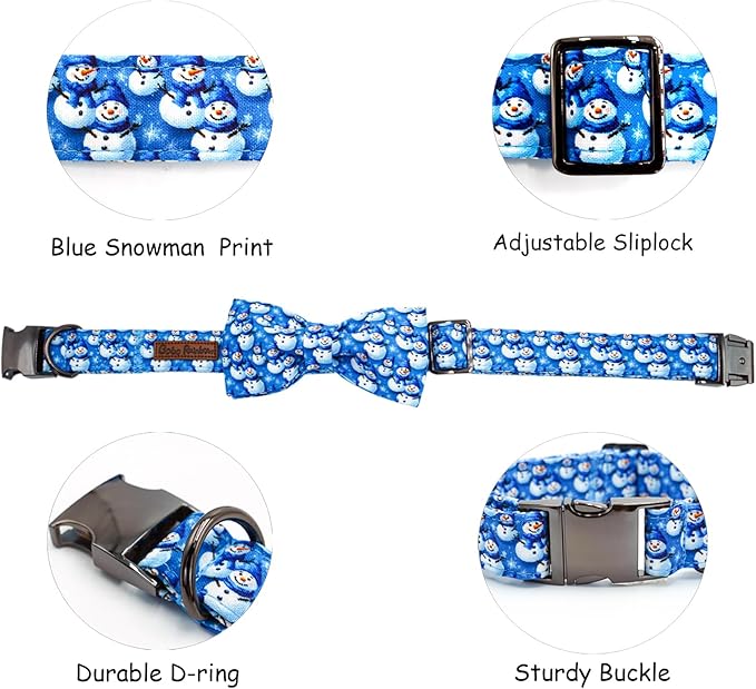 Christmas Dog Collar, Cotton Winter Dog Collars with Bow Cute Blue Snowman Pet Collar Removable Blue White Winter Pet Collars with Metal Buckle for X-Small Girl and Boy Dogs