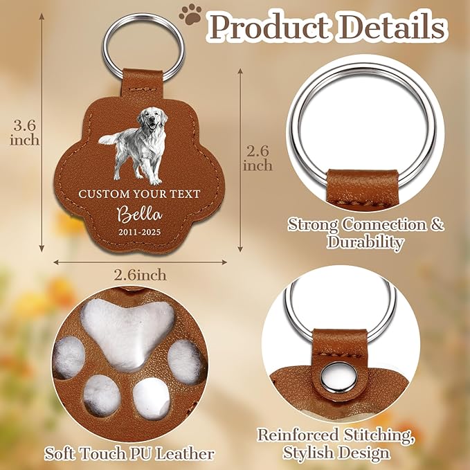 Eunigem Personalized Pet Hair Keychain for Dogs Cats-Custom Paw Keychains for Dog Hair-Shaped Leather Keychain,Pet Memorial Gifts Remembrance Accessory Refillable Keepsake for Bag or Key (Color-6)