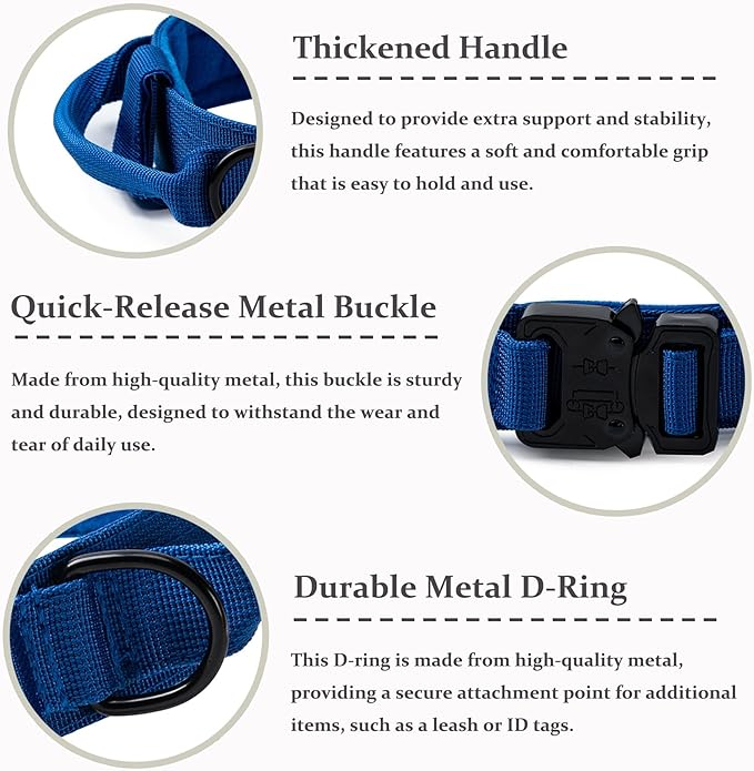Tactical Dog Collar, Adjustable Military Training Nylon Dog Collar with Control Handle and Heavy Quick-Release Metal Buckle for Small Medium Large Dogs, Dark Blue L