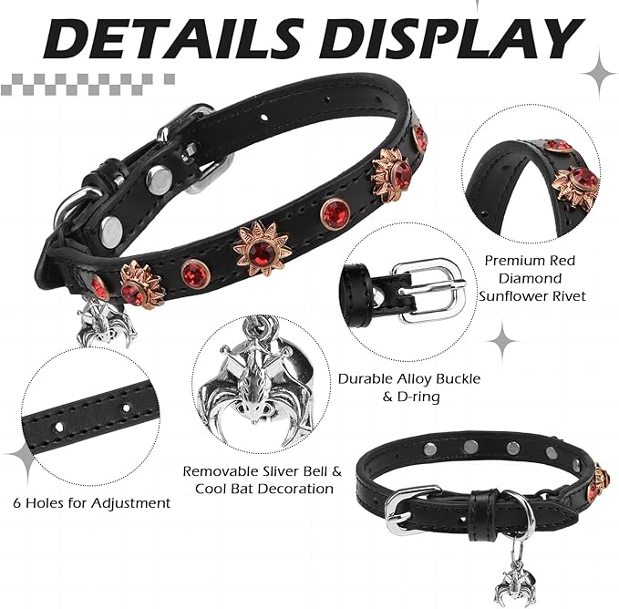 EXPAWLORER Cat Collar for Girl Boy- Adjustable Leather Pet Collar with Safety Elastic Belt,Personalized Punk Accessories Buckle Collars with Bell & Durable D-Ring,Red Diamond Sunflower