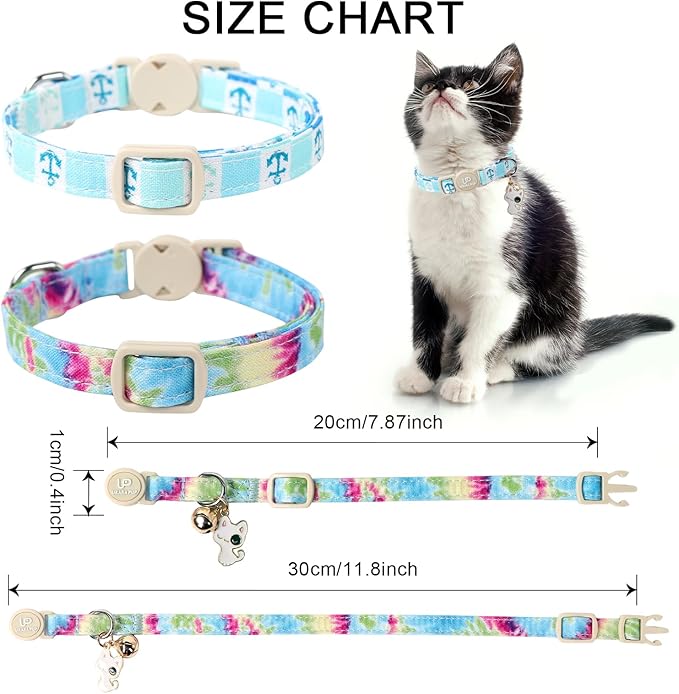 Cat Collar, 2 Pack Cat Collars Cute Breakaway Tiedye Cat Collar with Bell, Holiday Kitten Collars Summer Blue Grid Kitty Collar with Safety Buckle for Girl and Boy Cats