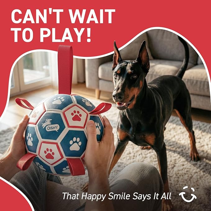QDAN Dog Toys Soccer Ball with Straps, Durable Giant Dog Balls, Outdoor Dogs Toys, Herding Ball, Birthday Gifts (10 Inch)