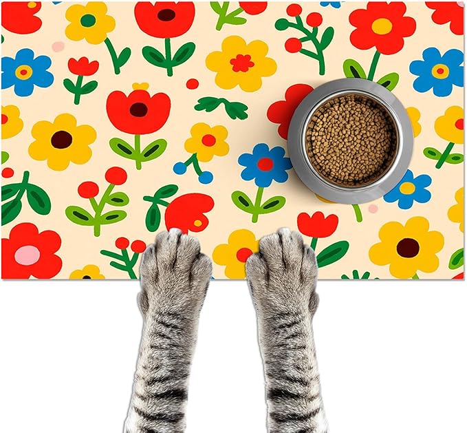 Pet Feeding Mat 24x16 inch Colorful Flower Print Pet Bowl Placemat Non Slip Floor Mat for Food and Water Indoor Pet Feeding Station Cute Meal Pad for Small Cats and Dogs Kitchen Use