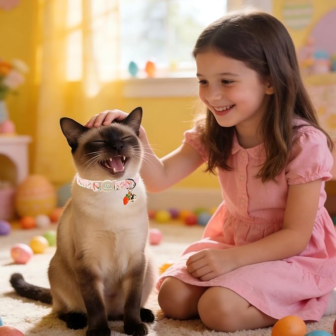 Cat Collar,2Pack Easter Day Cat Collars Cute Breakaway Kitty Collars,Easter Chicks & Carrots Cat Collar with Bell, Spring Pink Bow Kitten Collars with Safety Buckle for Girl & Boy Cats