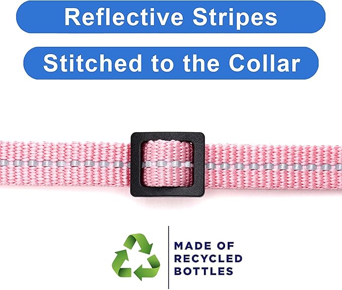 Pawtitas Recycled Pink Reflective Cat Collar – Eco-Friendly Breakaway Safety Buckle, Adjustable Kitten & Adult Collar with Removable Bell and High-Visibility Strap