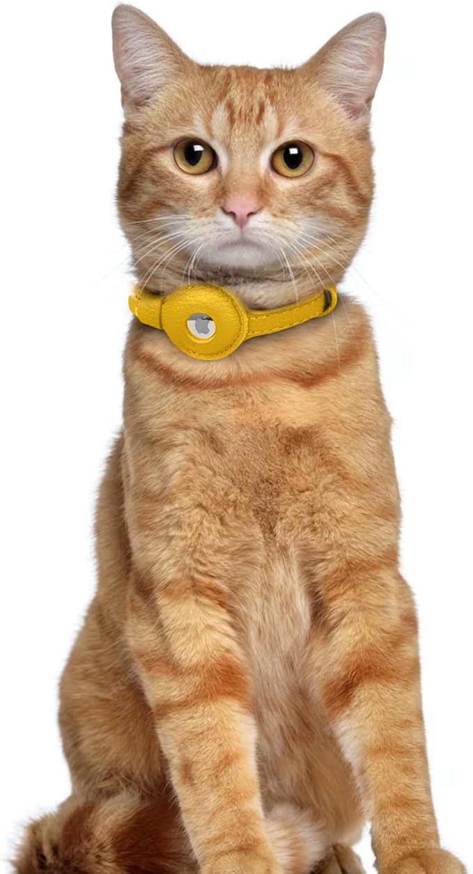 OOPSDOGGY Leather AirTag Cat Collar with Bell - Non Breakaway Kitten Collar with Apple Air Tag Holder - Lightweight GPS Pet Collars for Girl Boy Cats, Small Dogs, Puppies (Yellow)