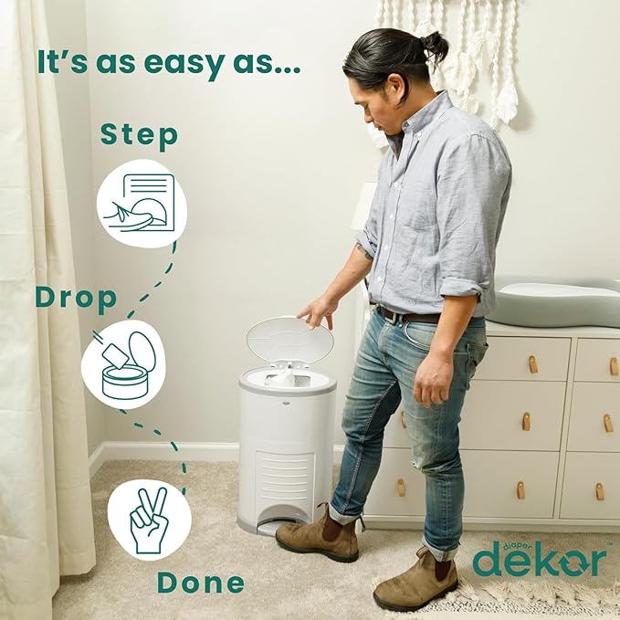 Diaper Dekor Plus Hands-Free Diaper Pail | Largest & Easiest to Use | Just Step–Drop–Done | Doesn’t Absorb Odors | Quick Bag Change | Great for Cloth Diapers | 70% Recycled Materials | EKO Gray
