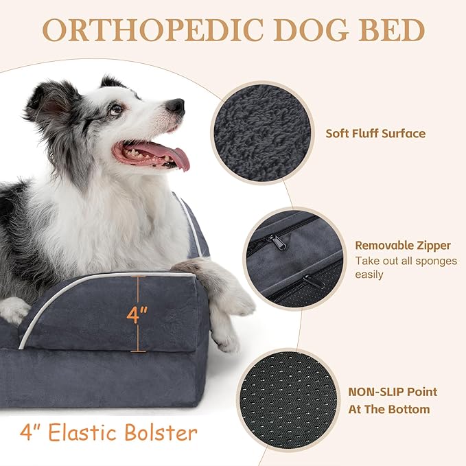Comfort Expression Orthopedic Dog Bed for Large Dogs 38x25 Inch, Waterproof Supportive Egg Crate Foam Large Pet Bed with Removable Bolsters, Dog Couch with Washable Cover & Non-Slip Bottom, Dark Grey
