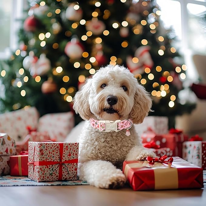 Christmas Dog Collar - Cute Pink Cozy Christmas Puppy Collar with Safety Buckle, Soft Adjustable Holiday Dog Collars for Small Medium Large Dogs M