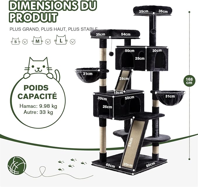 MUTICOR 66 Inches Multi-Level Large Cat Tree Tower for Indoor Big Feline/Cozy Plush Perches/Condo/Sisal Scratching Posts/Hammock and Baskets/Activity Center Play House/Wide Base/Dark Grey