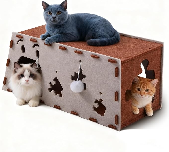Large Felt Cat Cave & Tunnel with Hanging Balls, Built-in Scratcher - Modular Peekaboo Cat Hideaway House for Large Breed Cats, Stackable Play & Rest Bed