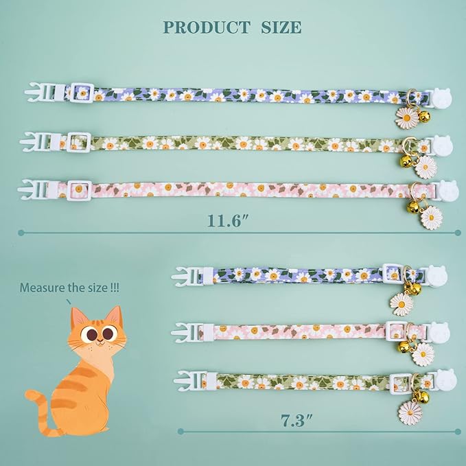 Faygarsle 3 Pack Cotton Safe Breakaway Cat Collars with Bell Daisy Charm Green Blue Pink Kitty Kitten Cute Cat Collars for Girl Cats Female Cats