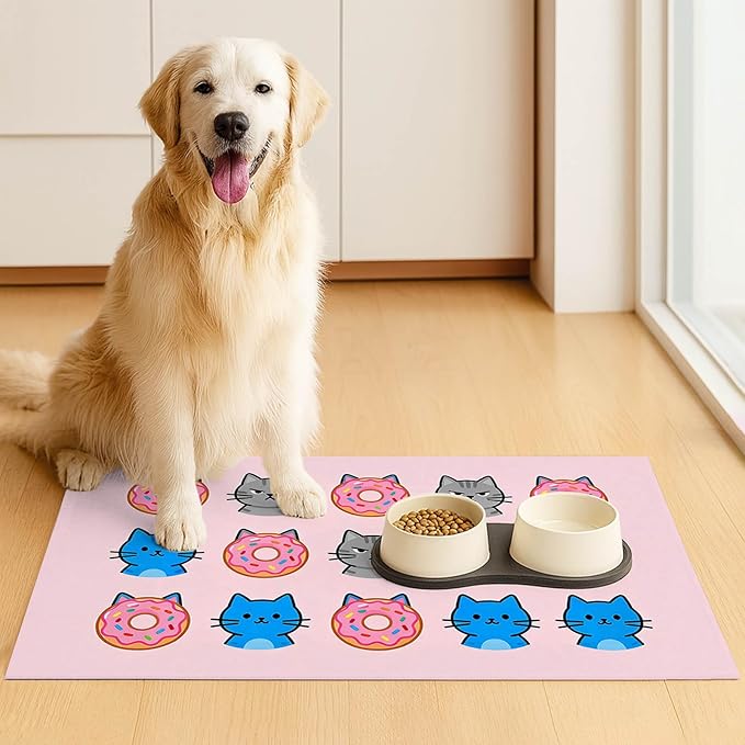 Cat Feeding Mat 24x16 inch Donut Cat Print Pet Bowl Placemat Non Slip Floor Mat for Food and Water Indoor Kitty Feeding Station Cute Meal Pad for Small Pets Kitchen Use