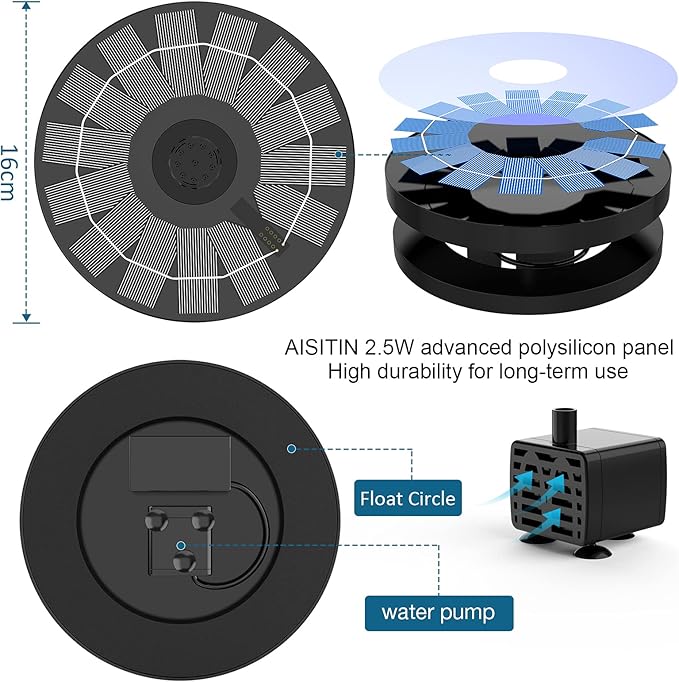 AISITIN 2.5W Solar Bird Bath Fountain Pump, Solar Fountain Pump for Bird Bath with 6 Nozzles, 6.7" Solar Powered Water Fountain Pump for Garden, Ponds, Pool, Fish Tank, Aquarium and Outdoor