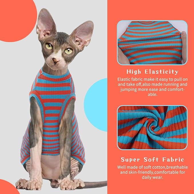 BRKURLEG Hairless Cats T Shirt, Cat Sweaters, Pullover Kitten Shirts, Sleeveless Round Collar Cotton Vest for Cornish Rex Devon Rex Peterbald and Small Dogs Sweater(OrangeBlue Stripes, M)