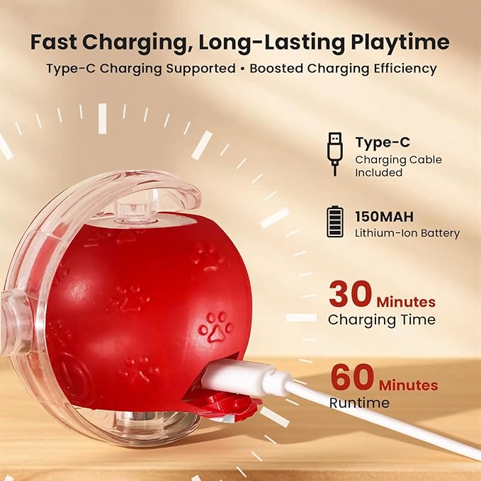 Rocfish Interactive Cat Toy for Indoor Cat, Smart Automatic Cat Chase Ball Toy (Red-N)