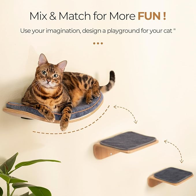 Cat Wall Shelves for Cat Wall Steps, Perch, Ladder, Wooden Floating Modern Mounted Space Saving Furniture with Scratching Cushion Removal Cover for Climbing, Jumping and Sleeping(Combo)