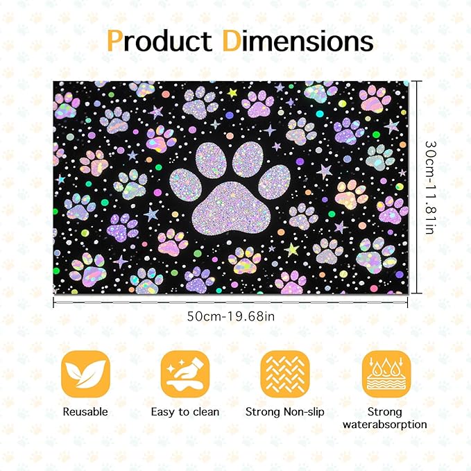 Pet Feedings Mats 20x12 inch Glitter Paw Print Pet Bowl Placemat Non Slip Mat for Cats and Dog Food and Water Indoor Feeding Station Cute Pet Meal Mat for Small Pets Kitchen Floor Use