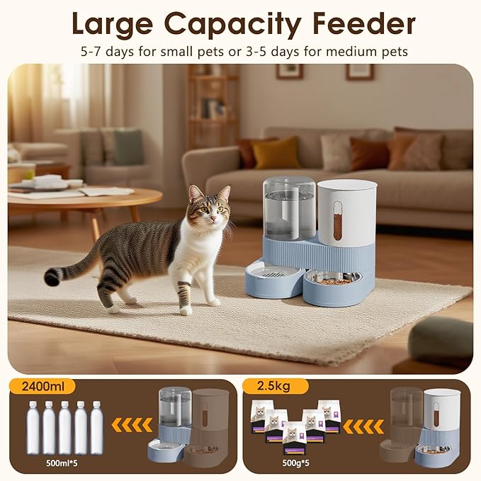 Automatic Gravity Cat Dog Feeder and Water Dispenser with 304 Stainless Steel Bowls 2 in 1 360 Degree Rotatable Auto 2.4L Dry Food and 2.6L Water Bowl for Small Medium Pet Dog Puppy Kitten (Blue)