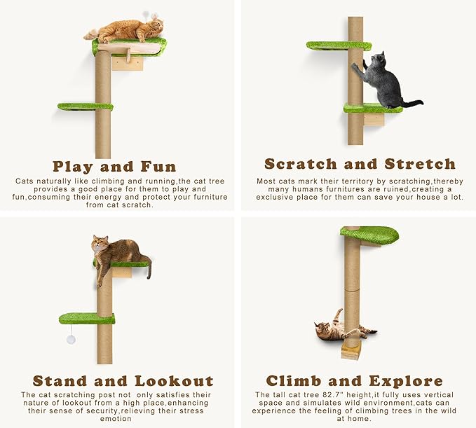 Floor to Ceiling Cat Tree for Kittens, Wall Mounted Cat Wall Furniture with Green Plush Pads, 5 Platform Wild Simulation Climbing Tower, Adjustable Height