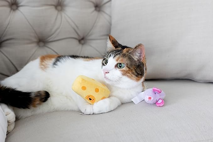 Pearhead Hide and Squeak Teaser Cat Toys, Crinkle and Rope Catnip Mouse and Cheese Plush Set, Playtime Pet Accessory, Must Have Play Accessories