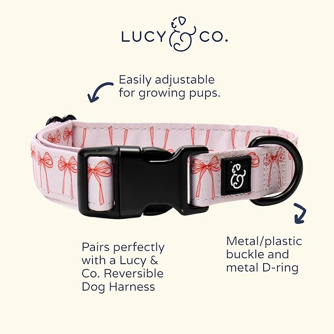 Lucy & Co. Ballet Bows Dog Collar - Durable Lightweight Designer Collar for Pets - Adjustable Metal Safety Buckle - White & Pink Bows - Small