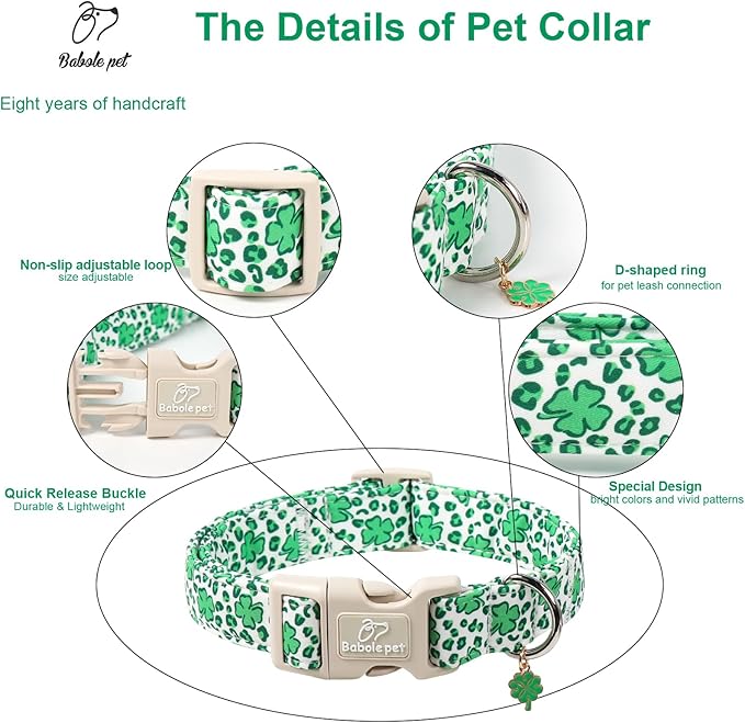St Patricks Day Dog Collar for Large Dogs - Leopard Lucky Clover Dog Collars, Lightweight Adjustable Irish Green Festival Shamrock Dogs Collars with Quick Release Buckle L