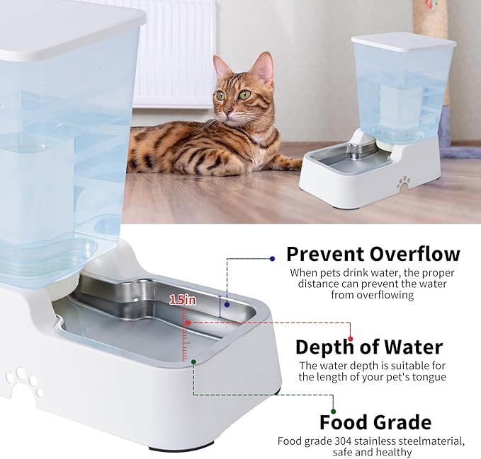 Meikuler Automatic Dog Cat Water Dispenser Large Capacity 5Lfor Cats and Medium and Large-Sized Dogs with Stainless Steel Bowl (White, 5L)