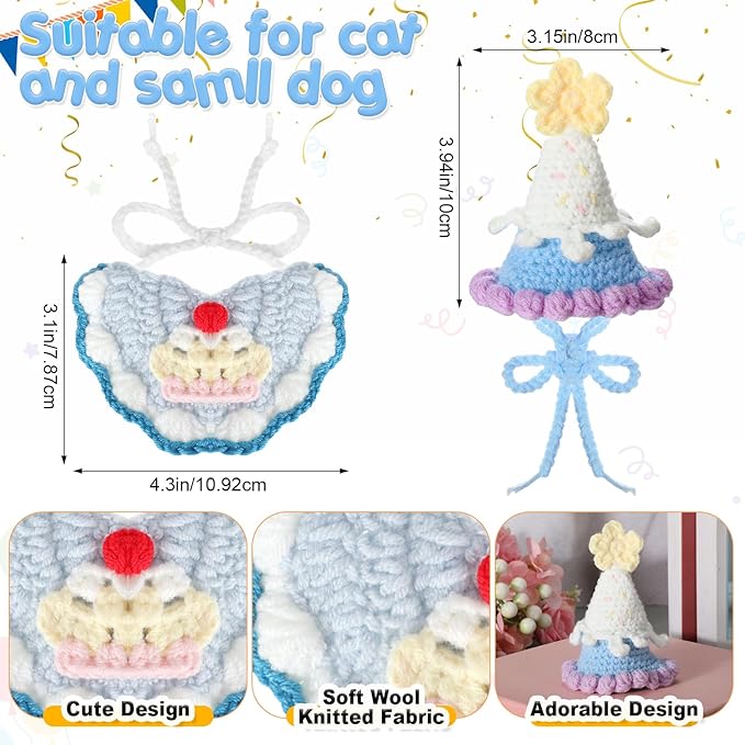 Sanwuta 2 Pcs Cat Birthday Party Supplies, Knit Cat Hat Kitten Birthday Bib Knit Bandana Pet Party Costume Headwear Accessories for Puppy Kitten Small Dogs Animals(Blue)