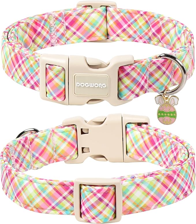 DOGWONG Easter Dog Collar, Cute Easter Colorful Plaid Pet Collar Durable Holiday Girl Boy Adjustable Cotton Dog Collars for Puppy Medium Large Dogs,L Visit The Elegant Little Tail Store