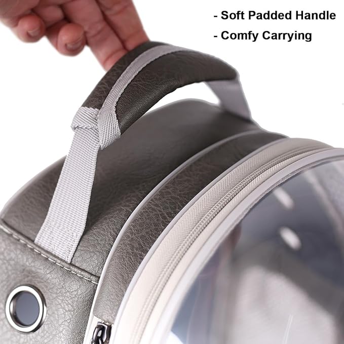 Expandable Carrier Backpack for Kitten Bunny and Small Puppy, Vented Transparent Space Capsule Astronaut Cat Bubble Window, PU Leather Grey Vet Carry Bag