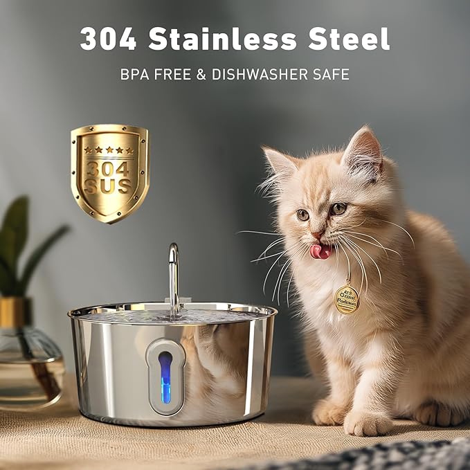Stainless Steel Cat Water Fountain, 135oz/4L Automatic Pet Fountain Dog Water Dispenser with Ultra-Quiet Pump & 2 Replacement Filters & for Cats Inside, Dogs, Multiple Pets