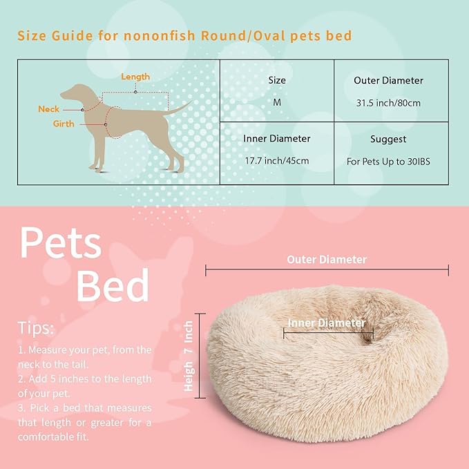 Calming Dog Bed for Medium Dogs Washable Donut 30 inches Anti-Slip Pet Bed,Round Fluffy Plush Faux Fur Cat Bed,Fits up to 45 lbs Pets,Beige