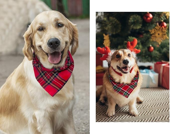 Christmas Plaid Dog Bandana with Button, Dual Layer Scarf Soft Cotton Triangle Bib Girls and Boys Kerchief Adjustable Accessories for Small Medium Large Extra Large Dog Puppy Pet Cat