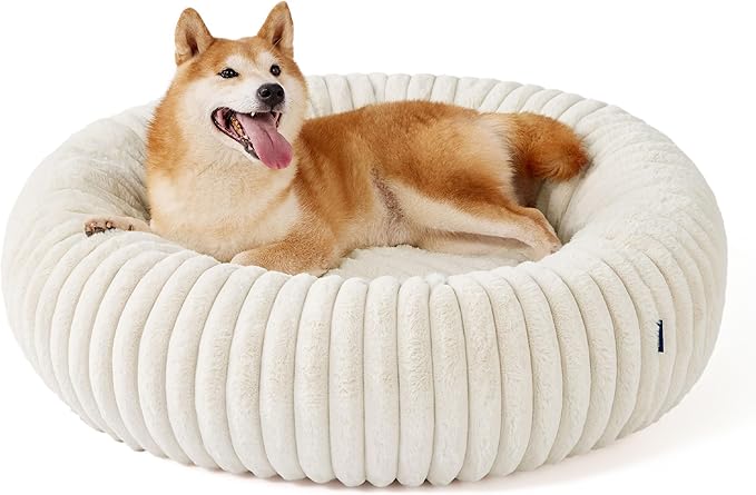 Bedsure ComfyFleece™ Donut Large Dog Bed - Washable Faux Fur with Corduroy Fleece & Anti Slip Bottom, Round Pet Bed with Removable Cover, Cream, 36x36x8 inches