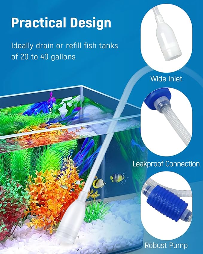 Pawfly Aquarium Water Changer Aquarium Siphon Vacuum Cleaner for 20-40 Gallon Fish Tank, Vacuum Gravel Cleaner with 4.4" Long Hose Manual Aquarium Cleaning Tools for Water Changing and Maintenance