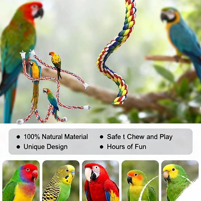 Bird Rope Perches, Parrot Toys, Bungee Rope Perches for Parrots, Cockatiels, Parakeets, Budgie Cages Comfy Birds (Metal Nut) - 41.34 inches