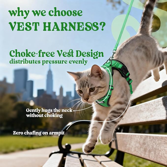 rabbitgoo Cat Harness and Leash for Walking, Escape Proof Soft Adjustable Vest Harnesses for Cats, Easy Control Breathable Reflective Strips Jacket, Grass Green, XS