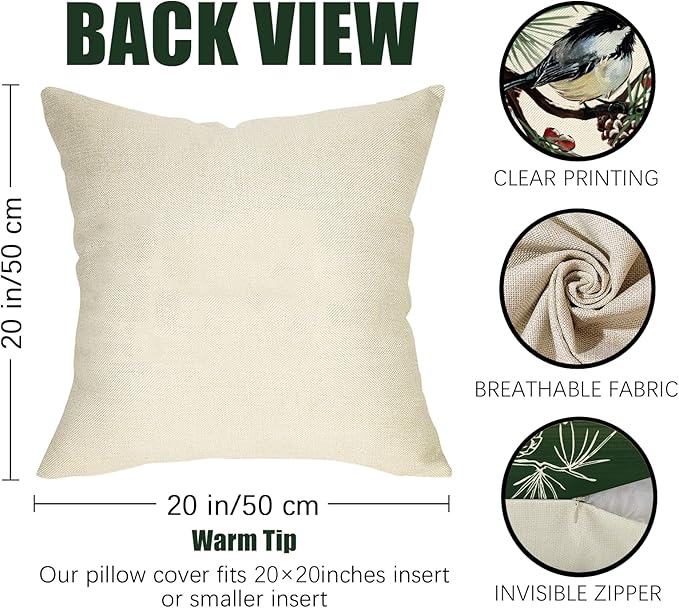 Fahrendom Hello Winter Green Decorative Throw Pillow Covers 20 x 20 Set of 4, Chickadee Pine Needle Branch Porch Patio Outdoor Pillowcase, Christmas Pine Cone Red Berry Sofa Cushion Case Home Decor