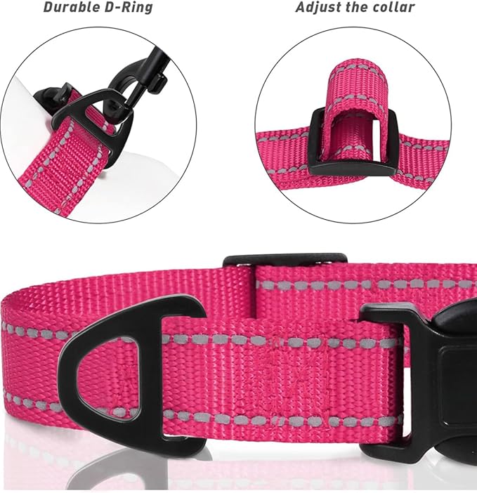 TagME Dog Collar, Adjustable Reflective Nylon Pet Collar with Quick Release Buckle for Medium Dogs, Hot Pink, 1.0" Width