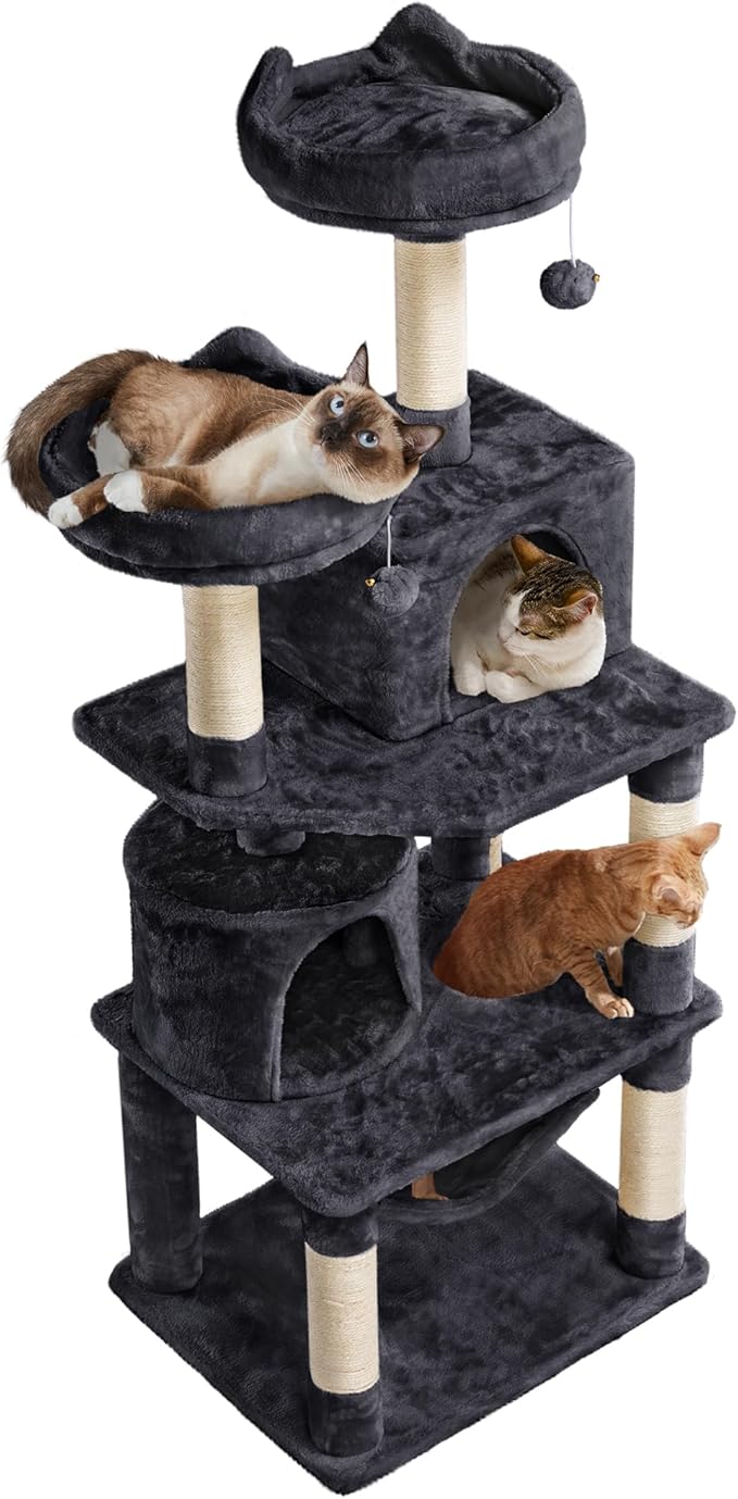 Topeakmart 62.2 inches Cat Tree, Cat Tower w/Double Condos, Scratching Posts & Hammock, Cat Activity Tree Kitten Play House, Black