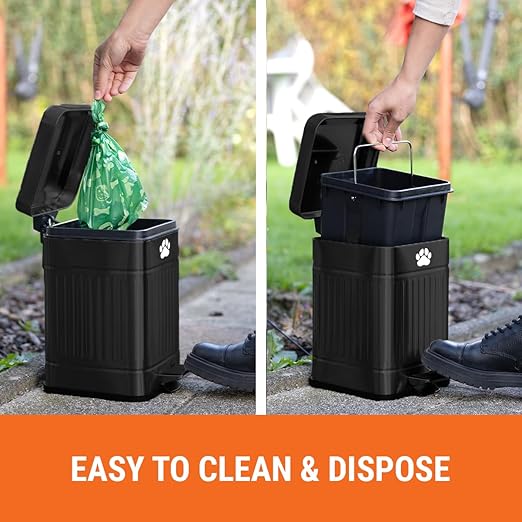 Pupzle Small Dog Poop Trash Can Outside, 1.3 Gal Metal Dog Waste Trash Can, Small Poop Bucket Outdoor with Lid, Poo Container Bin Waterproof Backyard Odor Control, 30 Bags (Black)