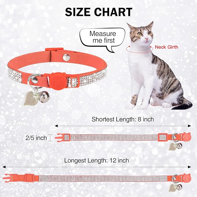 Rhinestone Cat Collar Breakaway with Bell, Diamond Cat Collar with Safety Buckle Quick Release for Girl Boy Small Kitten Pets Puppy,Cute Soft Female Male Cat Collars, Color Orange 8-12"