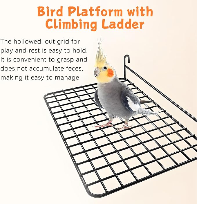 BNOSDM 4 PCS Bird Perches Platform, Stainless Steel Grid Platform for Parakeet Parrot Stand with Climbing Ladder Bird Cage Accessories for Small to Large Birds (White)