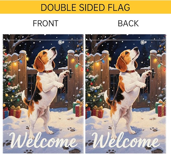 Beagle Dog Welcome Garden Flag 12x18 Inch Double Sided Christmas Burlap Yard Banner for Winter Holiday Outdoor Decor Farmhouse Seasonal Pet Decoration