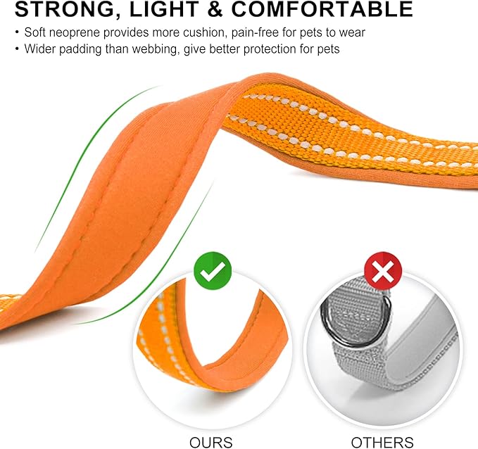 azuza Reflective Dog Collar, Soft Neoprene Padded Pet Collar with ID Tag Ring, Adjustable for Large Dogs,Orange,L