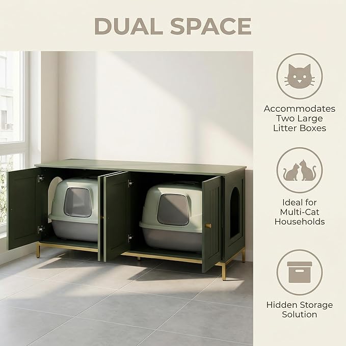 Homhedy Cat Litter Box Enclosure for 2 Cats, Litter Box Furniture Hidden with Double Room, Cat House, 47.2”L x 17.7”W x 21.7”H, Green and Gold